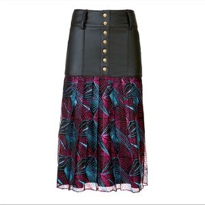 Black Faux Leather and Magenta Metallic Leaf Midi Skirt